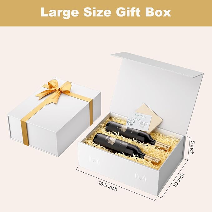 HongCai printing Large White Gift Box with Lids: 13.5×10×5 Inches Packaging with Magnetic Lid - Holds Valentines Christmas Bridesmaid Gifts - Ideal for Couples Friends Family