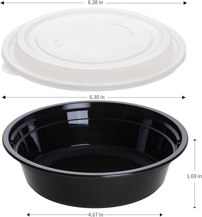 Meal Prep Containers with Lids, Round Shape, 50 Packs (100 Pieces) 16 Oz, Black Color, Meal Bowls, Round To Go Containers, BPA-Free, Freezer & Dishwasher Safe