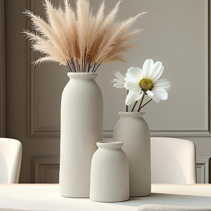 Ceramic Vase Set-3, Small Flower Vases for Decor, Modern Boho Farmhouse Style, Decorative Vases for Pampas Grass & Dried Flowers, Distressed Finish (Beige)
