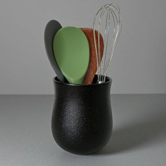 Medium Ceramic Kitchen Utensil Holder for Kitchen Counter Short Cooking Utensil Holder for Countertop Spatula Holder Small Utensil Crock Cutlery Holder Silverware Caddy Flower Vase (Matte Black)