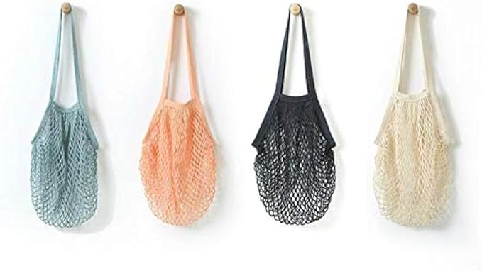4 Pack Portable Reusable Grocery Bags Fruit and Vegetable Bag Washable Cotton Mesh String Organic Organizer Shopping Handbag Long Handle Net Tote (blue,Black,Beige,Orange)