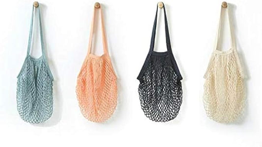 4 Pack Portable Reusable Grocery Bags Fruit and Vegetable Bag Washable Cotton Mesh String Organic Organizer Shopping Handbag Long Handle Net Tote (blue,Black,Beige,Orange)
