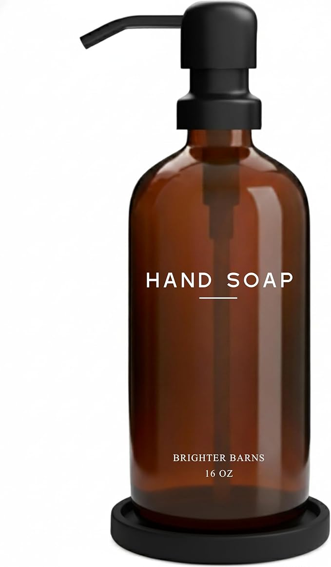 Amber Glass Hand Soap Dispenser Bathroom Set by Brighter Barns - Refillable Liquid Hand Soap Dispenser Tray and Pump Set for Kitchen - Modern Bathroom Decor & Accessories for Airbnb, RV, Hotel (Amber)