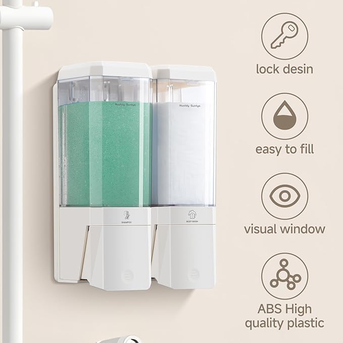 Shower Soap Dispenser Wall Mounted Shower Dispenser 2 Chamber No Drill Shampoo and Conditioner Dispenser Refillable Shampoo Dispener for Shower 2 * 500ml for Bathroom Hotel (Cream White 2 Chamber)