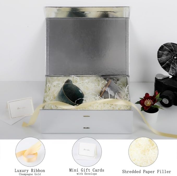 BoxSkivra Large Gift Boxes with Lids 5 Pack 13X9X4 Inch Large Silver Gift Box with Ribbon Christmas Gift Box Foldable Gift Boxes for Presents、Graduation、Birthdays，Shredded Paper Filler & Cards
