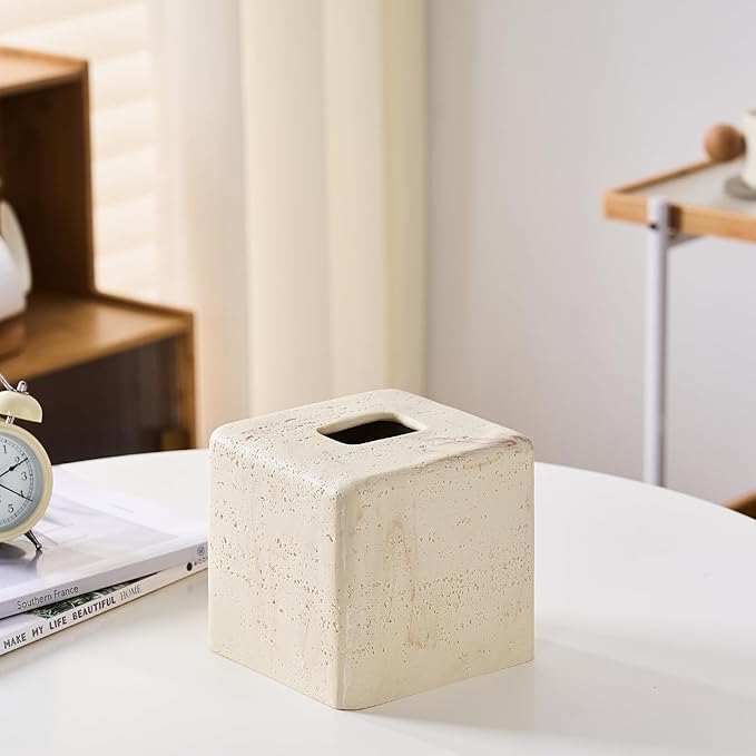 Natural Travertine Textures Tissue Box Cover Square for Home Decor,Resin Heavy Tissue Box Holder for Bathroom Countertop,Tabletop,Bedside Table,Office (Handmade of Resin)