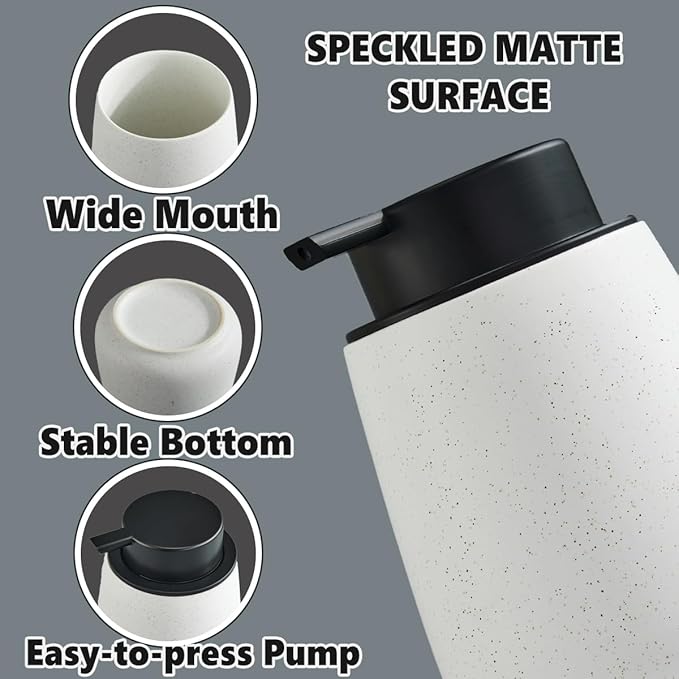 12Oz Foaming Soap Dispenser - Ceramic Foam Hand Soap Dispenser with Easy-to-Press Black Pump, Reusable and Refillable Lotion Dish Soap Dispensers for Bathroom & Kitchen, Speckled Matte White