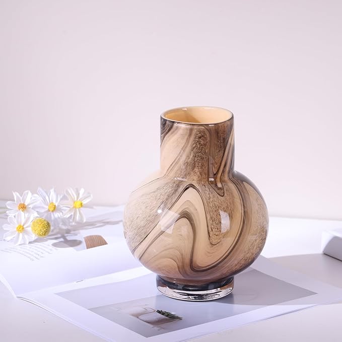 Gray Hand Blown Glass Wide Mouth vase for Home Decoration Short Round Glass vase for Living Room, Dining Table, Bookcase, TV Cabinet, Bookshelf and Office Desktop Decoration.