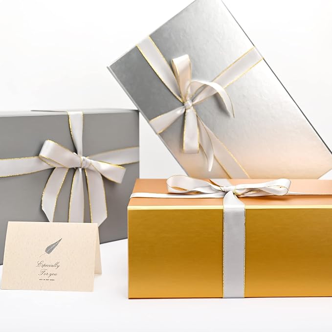 LIFELUM Gift Boxes with Lids for Presents 5 Pack 13.85 x 8.35 x 4.45 inch Gold Gift Boxes with Ribbon,Card,Shredded Paper Filler Gift Box for Valentine's day,Christmas