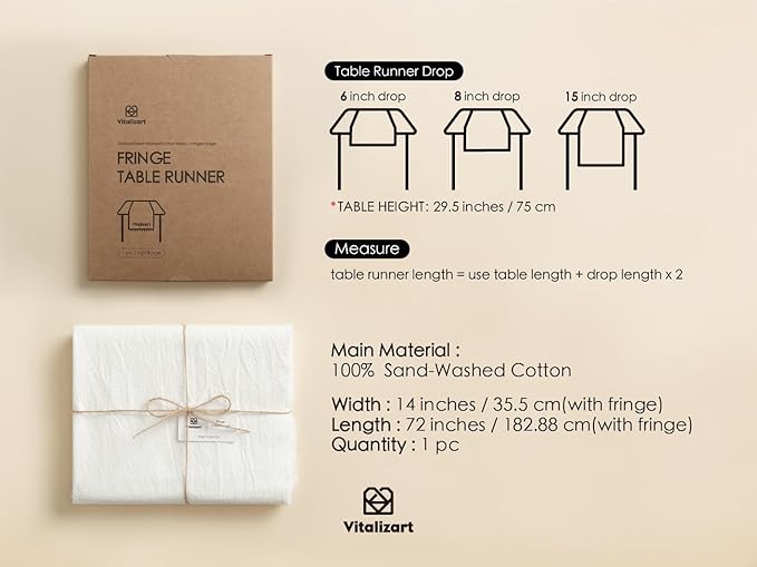 Vitalizart White Cotton Table Runner 14 x 72 Inches Long Pure Cotton Table Runner for Rustic Home Decorations Dining Room Wedding Decor Reception Bridal Shower Thanksgiving Christmas