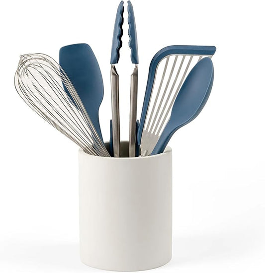 Misen Cream Concrete Utensil Holder - Kitchen Tool Organizer, Large Utensil Container for Countertop, Stainless Steel Holder - Compatible Prep Tool Sets 5 and 10 Piece - 6.25in x 5.5in