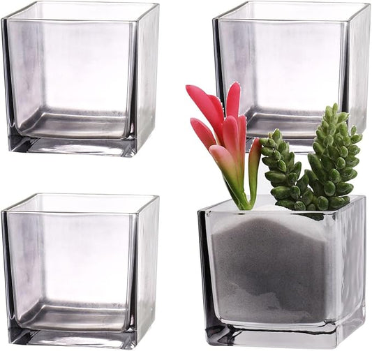 Square Flower Vases Set of 4, 3"x 3"x 3" Glass Vases for Centerpieces, Grey Vase for Flowers, Small Vase for Wedding, Party, Home Office Decoration