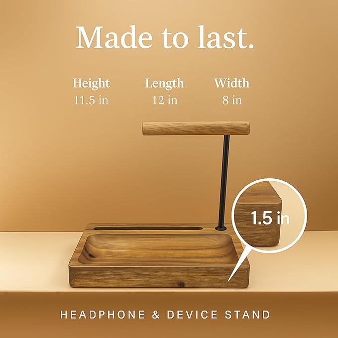 Solid Acacia Wood Multiple Headphone Stand – Multi-Device Holder for iPad, iPhone, Tablets & Phones, Desk Organizer with Tray, Pen & Pencil Holder, 1.5" Thick Base, Wooden Tech Dock