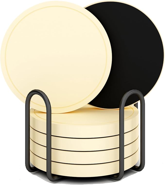 Azhou 6Pcs Drink Coaster with Holder, Lemon-Yellow Absorbent Coasters for Drinks, Non-Slip with Velvet Bottom, Thick Heavy Duty 4 inch Ceramic Coasters, Home Decor Coffee Bar Accessories