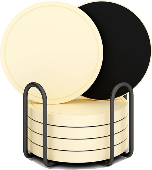 Azhou 6Pcs Drink Coaster with Holder, Lemon-Yellow Absorbent Coasters for Drinks, Non-Slip with Velvet Bottom, Thick Heavy Duty 4 inch Ceramic Coasters, Home Decor Coffee Bar Accessories