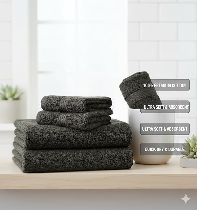BIOLINEN Grey Bath Towels 24x48 inches 6 Pack | Ultra Soft, Highly Absorbent | 100% Cotton Towels for Bathroom, Gym, Spa, and Hotel Use