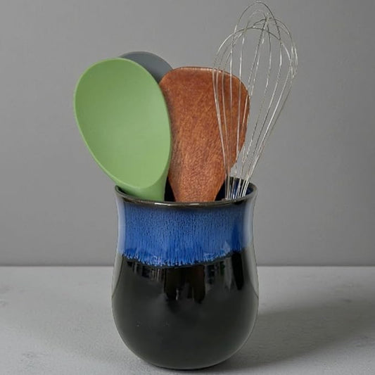 Medium Ceramic Kitchen Utensil Holder for Kitchen Counter Short Cooking Utensil Holder for Countertop Spatula Holder Small Utensil Crock Cutlery Holder Silverware Caddy Flower Vase (Retro Sapphire)