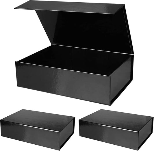 Aimyoo 3 Pack Black Collapsible Gift Box with Magnetic Closure Lids 10.5x7x3 in, Bridesmaid Groomsmen Proposal Box, Medium Rectangle Box for Present Graduation Wedding Storage