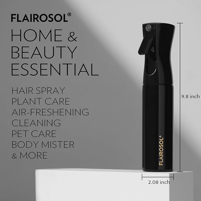 FLAIROSOL Spray Bottle for Hair, Continuous Spray Bottle with 0.3MM Ultra Fine Mist, Water Mister for Hairstyling, Cleaning, Plants, Pets, 10.1oz/300ml, Black Bottle, Gold Print