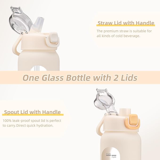 32 oz Glass Water Bottles with 2 Lids-Handle Spout Lid & Straw Lid, 1 Liter Motivational Borosilicate Water Bottle with Time Marker and Silicone Sleeve,Leakproof-White-1 Pack