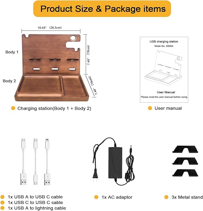 Wood Phone Docking Station Nightstand Organizer Charging Station with QC 3.0 & PD22.5W USB C Charger Fast Charging for iPhone Samsung Android Watch Airpod Anniversary Birthday Gifts for Men