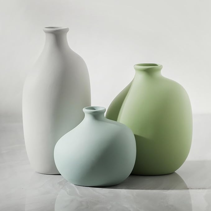 Ceramic Vase Set of 3, Rustic Farmhouse Pottery Vases for Home Decor, Perfect for Pampas Grass, Dried or Fresh Flowers, Ideal for Living Room, Bedroom, Kitchen, Bathroom, Bookshelf, Table Centerpiece.