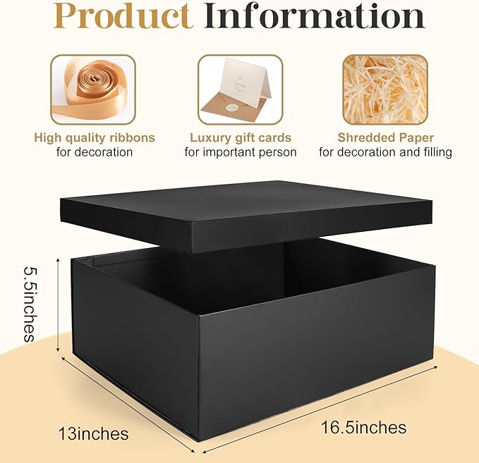 Gift Box, 16.5x13x5.5 inches Large Black Gift Boxes with Lids for Presents, Birthday Box Contains Card Ribbon Shredded Paper Filler, Gift Wrap Boxes for Valentine Mother's Day Christmas Anniversary