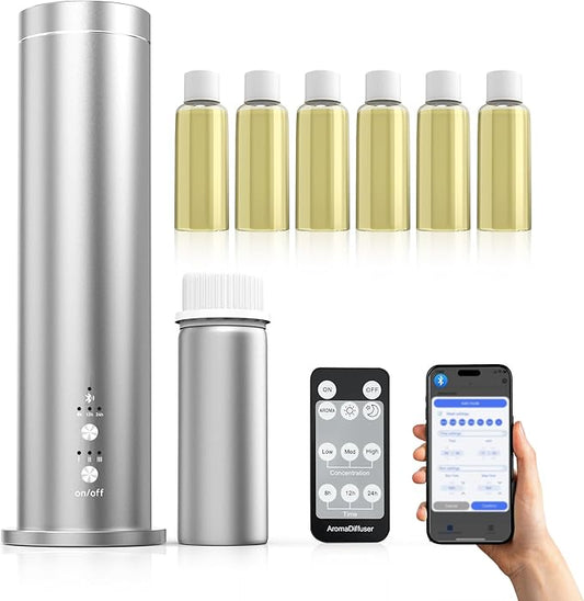 Oil Diffuser for Home Wired Waterless Essential Oil Diffuser Cold Air Scent Diffuser Covers 2000sq.ft,Remote Control,APP Control,6x50ml Fragrance Included,Silver