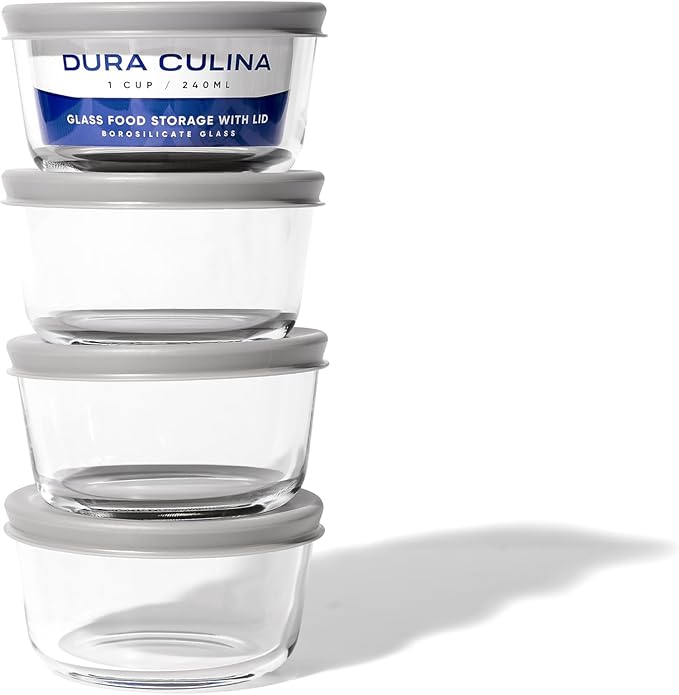 DURA LIVING Borosilicate Glass Food Containers - 8 Piece Set (1 cup) - Premium Storage Solution Microwave & Dishwasher Safe, BPA-Free Lids, Grey