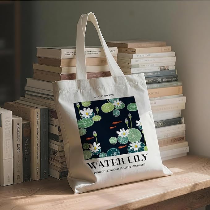 Flower Canvas Tote Bag, July Water Lily Reusable Shoulder Bags, Christmas Gifts to Sister and Friends, Holiday Gift Bags for Wrap Storage, Casual Canvas Totes for Work Traveling