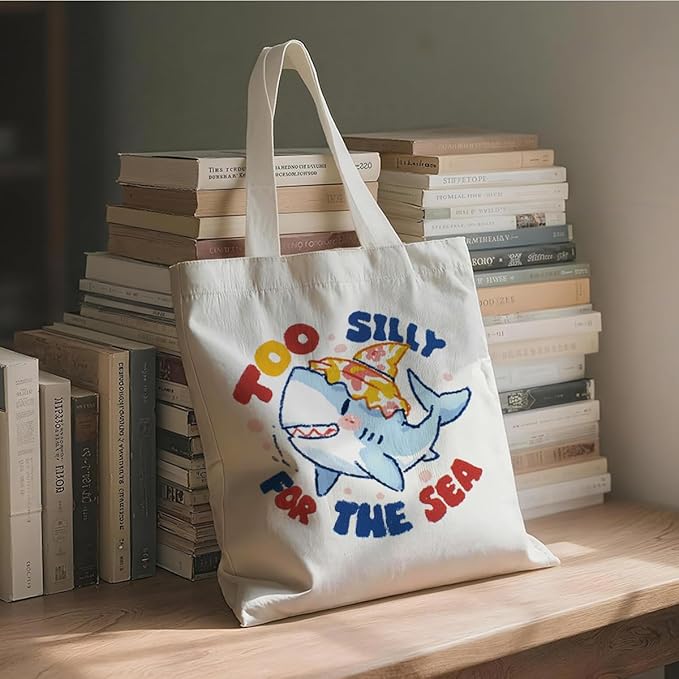 Canvas Tote Bag for Women, Too Silly for The Sea Reusable Shoulder Bags, Shark Totes Bag, Reusable Gift Beach Shopping Totes Bags, Birthday Christmas Gifts to Friends