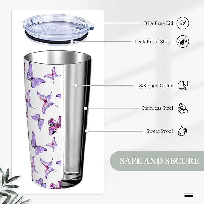 Pink Blue Butterflies Tumbler,Butterflies 20oz Stainless Steel Insulated Travel Tumblers,Travel Coffee Mug with Lid and Straw Water Bottle Drink Tumbler Cups Gifts for Women Men Lovers