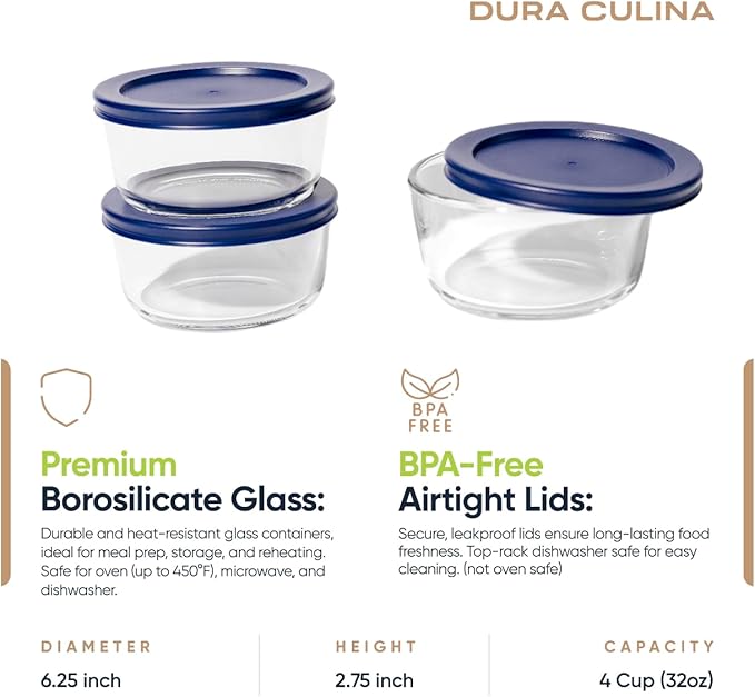 DURA LIVING 6-Piece Glass Food Storage Containers Set (3 Containers + 3 BPA-Free Lids) | 4-Cup, Leakproof | Microwave, Freezer, Oven & Dishwasher Safe | Ideal for Meal Prep & Pantry Organization
