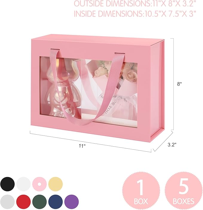 5 Pink Gift Boxes with Windows, Clear Magnetic Gift Boxes for Presents, Bridesmaid Proposal Boxes (11x8x3.2 Inches)