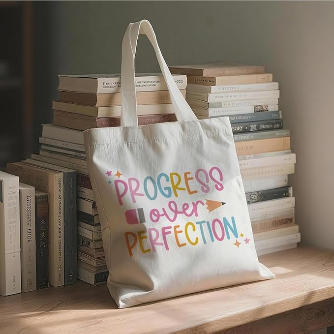 Inspirational Canvas Tote Bag, Progress Over Perfection Tote Bag, Casual Canvas Totes for Work Traveling, Reusable Grocery Shoulder Shopping Bags, Christmas Gifts to Women Friends