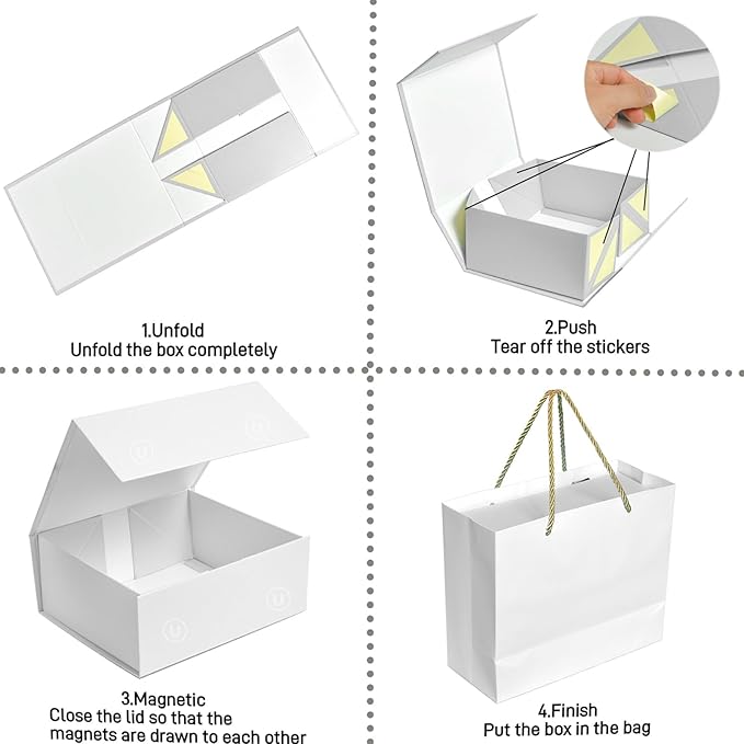 Elegant Gift Boxes with Gift Bag for Presents with Lids Magnetic Closure Rectangle Collapsible for Christmas, Valentine's Day, Birthday Gift Packging (White)