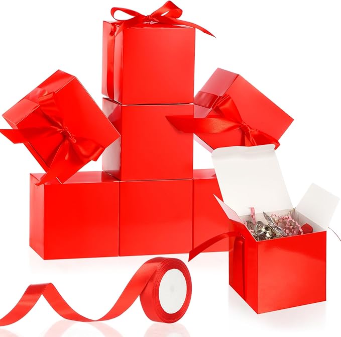 48 Pcs Christmas Gift Boxes with Ribbon Small Party Favor Boxes with Lids Mini Treat Candy Container for Wedding, Party, Birthday, Valentine's Day and More(Red,2 Inch)