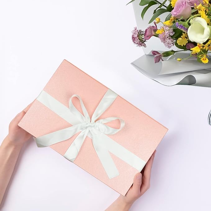 YINUOYOUJIA 5 Pack Large Pink Gift Boxes with Lid,14"x9"x4.5" Magnetic Gift Box with Ribbon,Cards and Envelopes for Presents,Great for Wedding,Birthdays,Crafting,Gift Packaging.