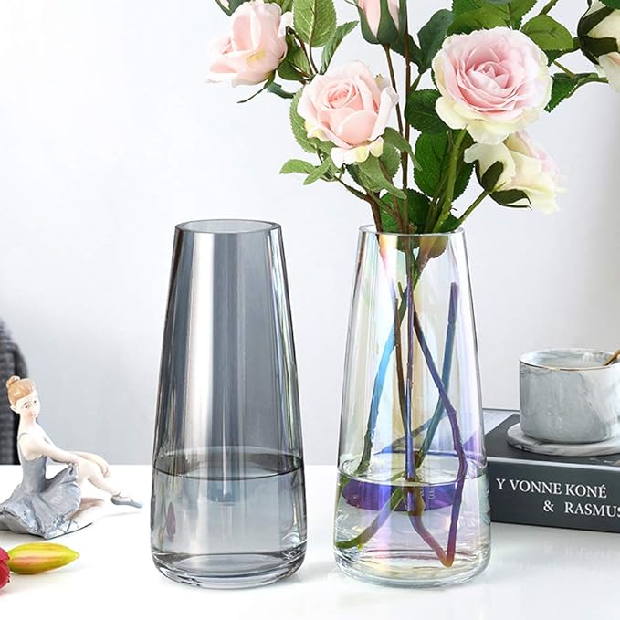 Aoderun Glass Vase for Flowers Modern Vases Home Decor Unique Flower Vase for Bouquet 8.7" Centerpiece Vase Decor Room,Bedroom,Living Room,Library,Office,Table,Entryway,Modern Farmhouse(Grey)