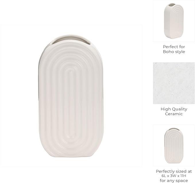 Sagebrook Home Boho Ceramic Vase - Embossed Arch Stoneware Flower Holder, Minimalist Modern Decor for Home, Office & Bedroom - 11" White