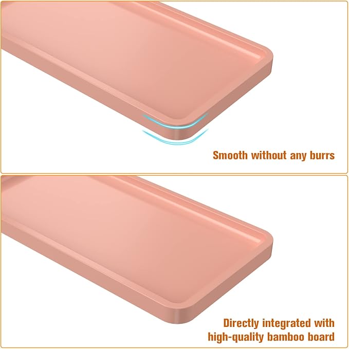 Bathroom Vanity Tray for Countertop - Bamboo Organizer Tray for Dresser Tops, Toilet, Perfume Small Decorative Tray Wood Tray for Home Decoration 11.81” L x 6.1” W x 0.79” H (Pink)