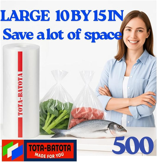 Plastic Produce Bags on Roll – 500 Count, 10x15 in, Clear Food Storage Bags with Easy Tear Red Line, for Fruits, Vegetables, Meat, Freezer, Grocery & Kitchen Use,TOTA-BATOTA