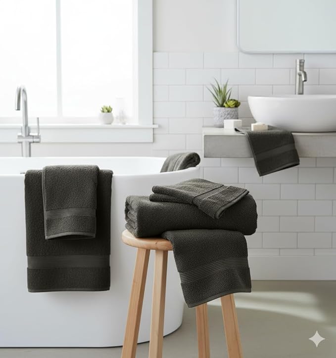 BIOLINEN Grey Bath Towels 24x48 inches 6 Pack | Ultra Soft, Highly Absorbent | 100% Cotton Towels for Bathroom, Gym, Spa, and Hotel Use