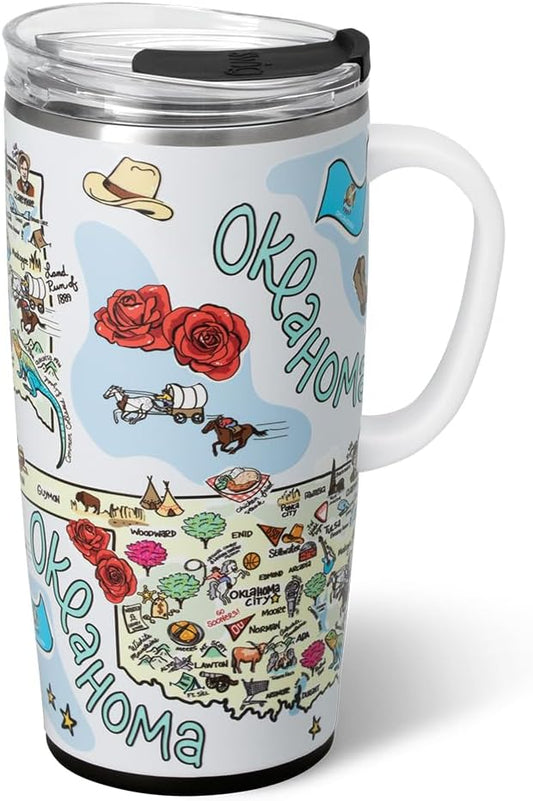 Swig Life 22oz Travel Mug, Insulated Tumbler with Handle and Lid, Travel Coffee Mug, Cup Holder Friendly, Stainless Steel 22 oz Tumbler, Reusable Insulated with Lid (Oklahoma)