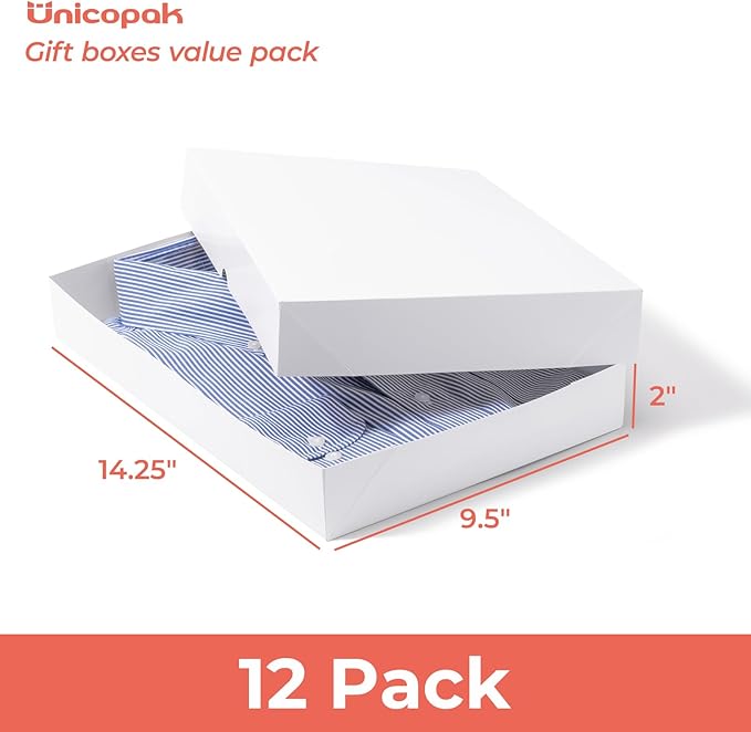 UnicoPak 12 Pack Medium White Cardboard Gift Boxes with Lids for Presents Shirt Boxes, 14.25x9.5x2 Inches