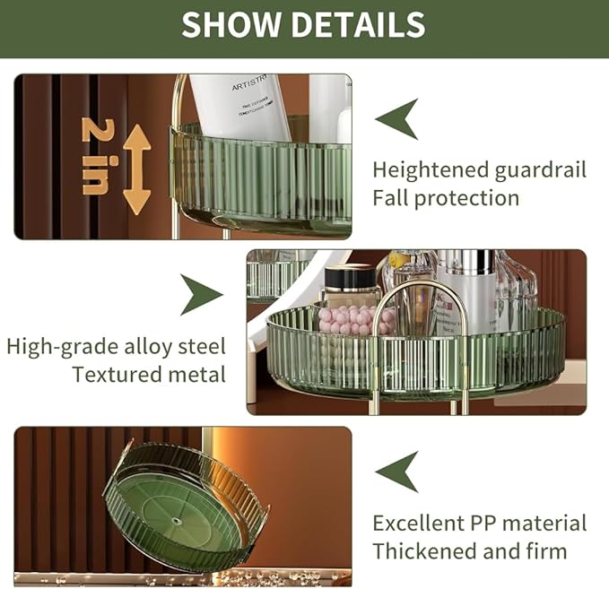 360° Rotating Makeup Organizer – 2-Tier Spinning Cosmetic Holder for Vanity, Countertop, Bathroom & Dresser – Perfume, Skincare & Cosmetic Care Organizer (Clear Green, 2 Tier)