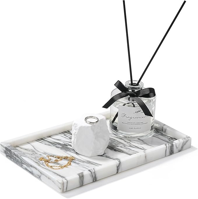 Amauto Natural Marble Vanity Tray Genuine Stone Storage Tray Real Luxurious for Home Decor Bathroom/Vanity/Dresser Non-Resin/Non-Ceramic (Arabescato Calacatta)