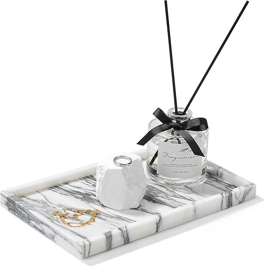 Amauto Natural Marble Vanity Tray Genuine Stone Storage Tray Real Luxurious for Home Decor Bathroom/Vanity/Dresser Non-Resin/Non-Ceramic (Arabescato Calacatta)