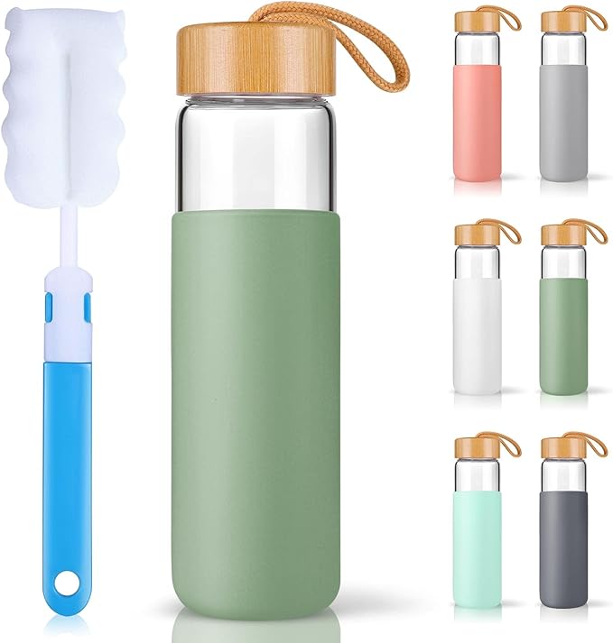 25 Oz Borosilicate Glass Water Bottles with Silicone Sleeve BPA Free, Dishwasher Safe - Reusable Clear Glass Drinking with Leak Proof Bamboo Lid | Perfect Gym Water Bottles for Men & Women