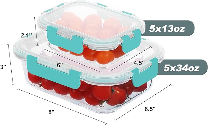 KOMUEE 10 Pack Glass Food Storage Containers, Meal Prep Containers with Lids, Airtight Glass Lunch Boxes, Freezer, Oven, and Microwave Safe, Green